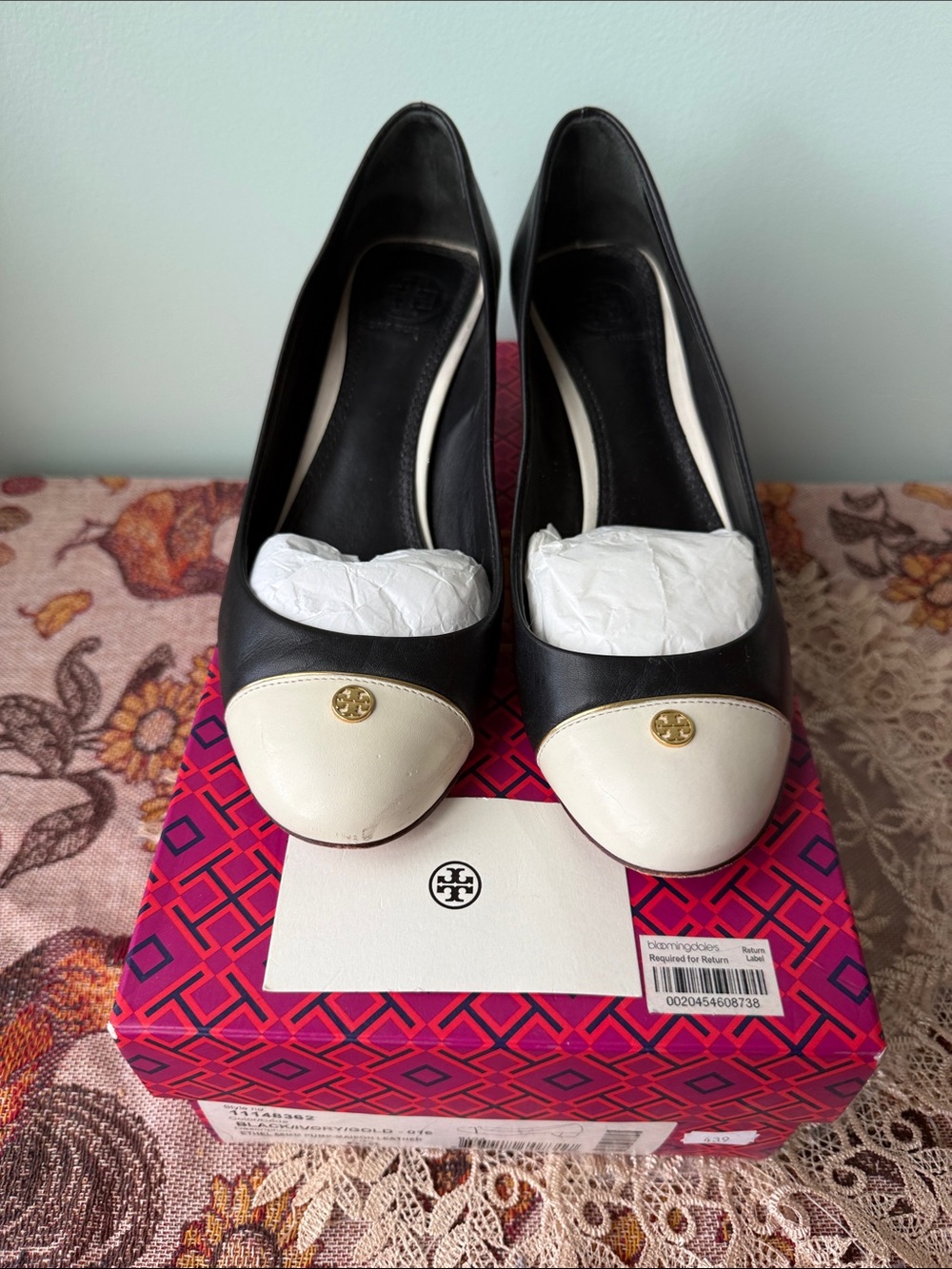 Tory Burch Black and Cream Cap-Toe Ballet Flats with Logo Medallion
